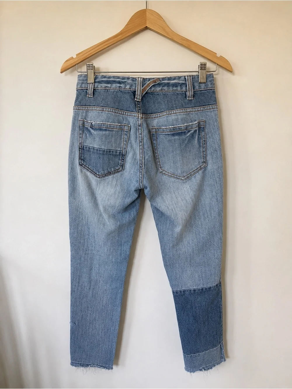 Free People Patchwork Skinny Ankle Jeans Raw Hem Colorblock Denim Size 25